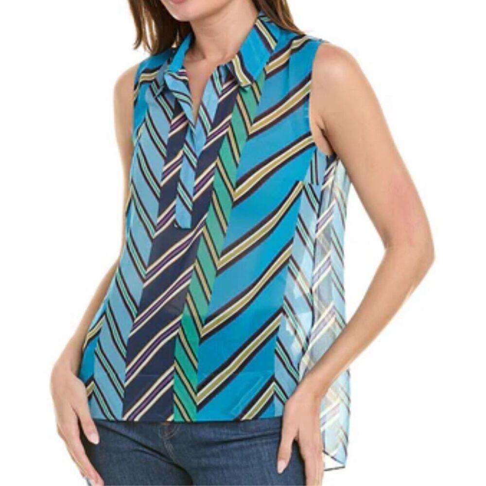 CAbi Sheer Colorful Striped V-Neck Collared Blouse size M